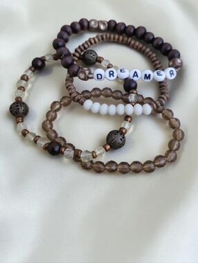 Boho Beaded Stretch Bracelet Set (4) Dreamer Wood Glass Neutral Stack
